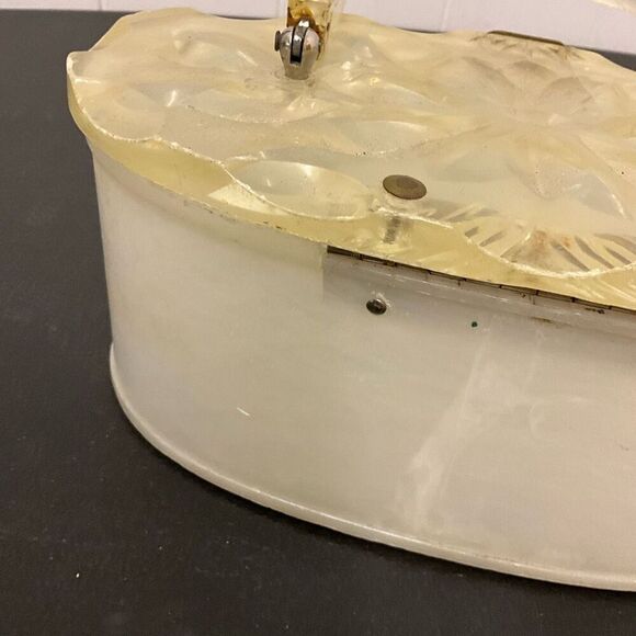 Vintage 1950s Lucite Marbleized Pearl Top Handle Purse Round Box Makeup Containe - Picture 7 of 14